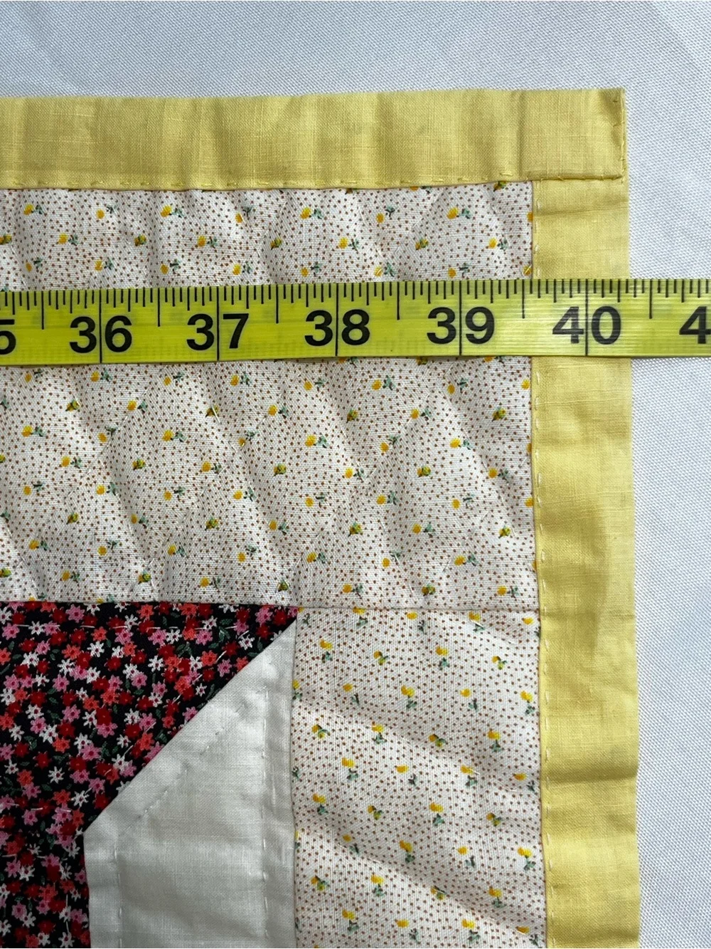 Vintage Spool Lap Quilt 40x42 Handmade, Yellow Border, Cotton